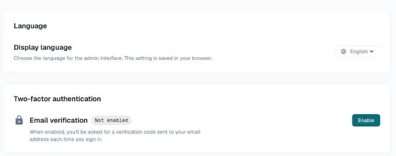 Two-factor authentication section in Settings, Profile, with an Enable button