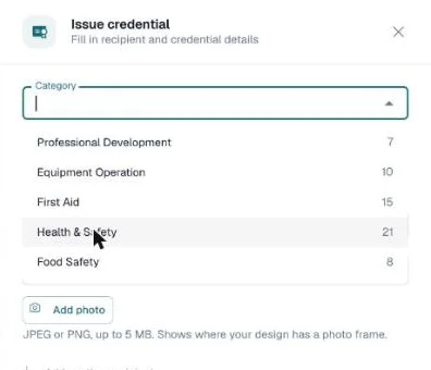 Category dropdown open in the Issue credential drawer