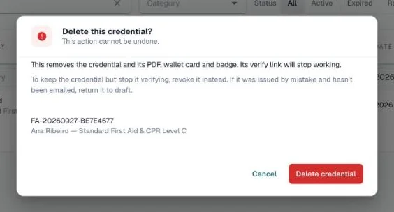 Delete this credential dialog explaining that the PDF, wallet card and badge are removed and the verify link stops working