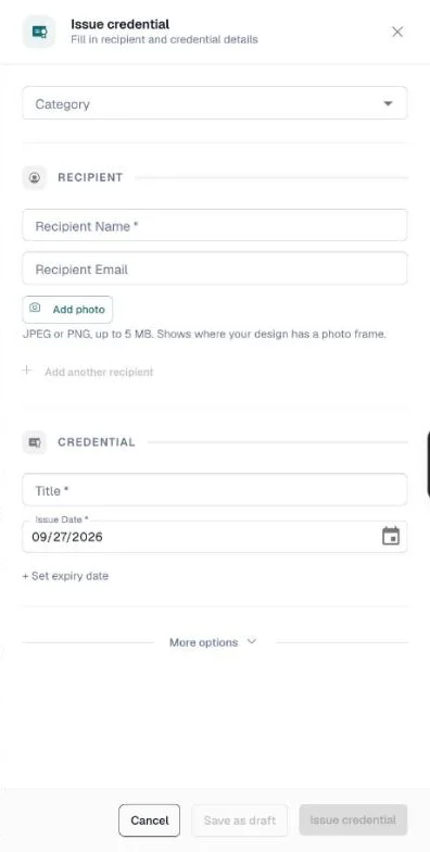 Empty Issue credential drawer with Category, Recipient and Credential sections