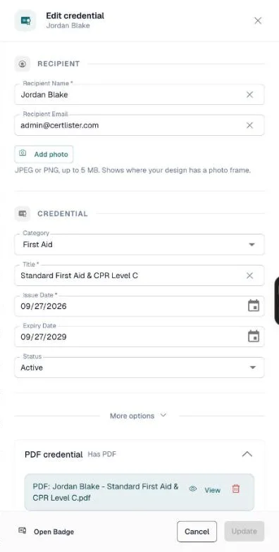 Edit credential drawer with recipient, credential details, status and the PDF credential section