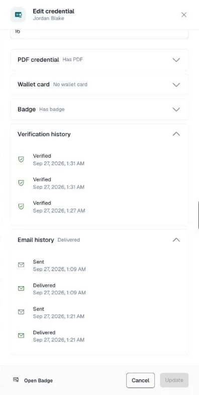 Verification history and Email history sections in the Edit credential drawer