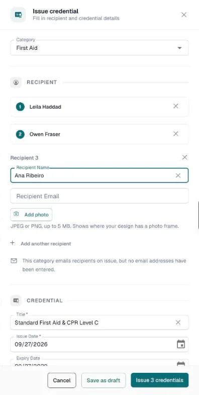Issue credential drawer with two collapsed recipient rows and a third being filled in