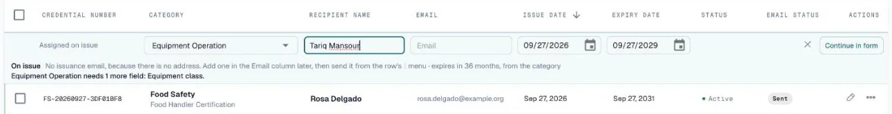 Quick issue row saying the category needs one more field, with a Continue in form button