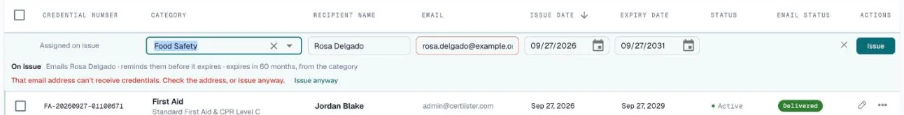 Quick issue row warning that the email address can't receive credentials