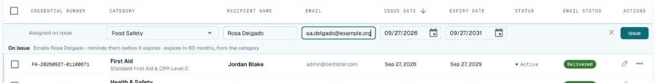 Quick issue row at the top of the Credentials table with a category, name, email and dates filled in