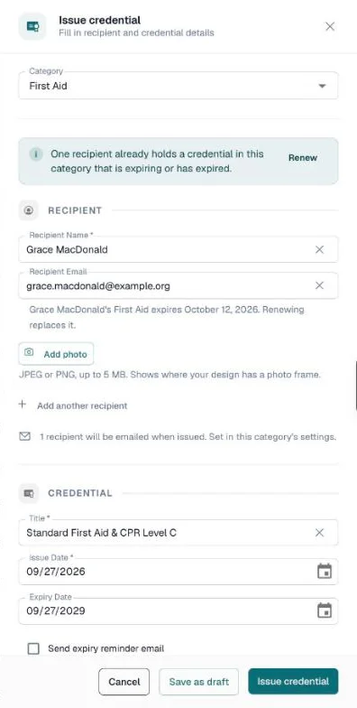 Issue credential drawer with a notice that the recipient already holds an expiring credential, and a Renew button