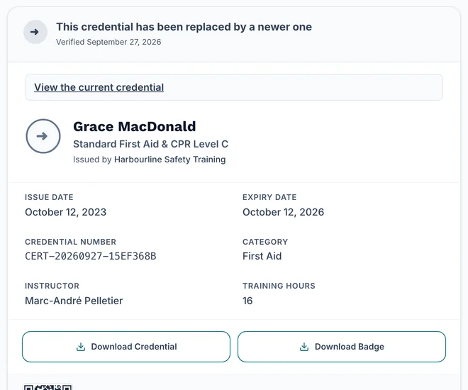 Verify page saying This credential has been replaced by a newer one, with a View the current credential link