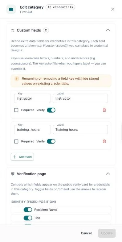 Custom fields section of the category drawer with two fields, Instructor and Training hours