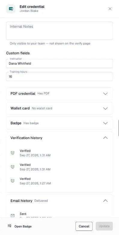 Edit credential drawer with the Custom fields Instructor and Training hours filled in