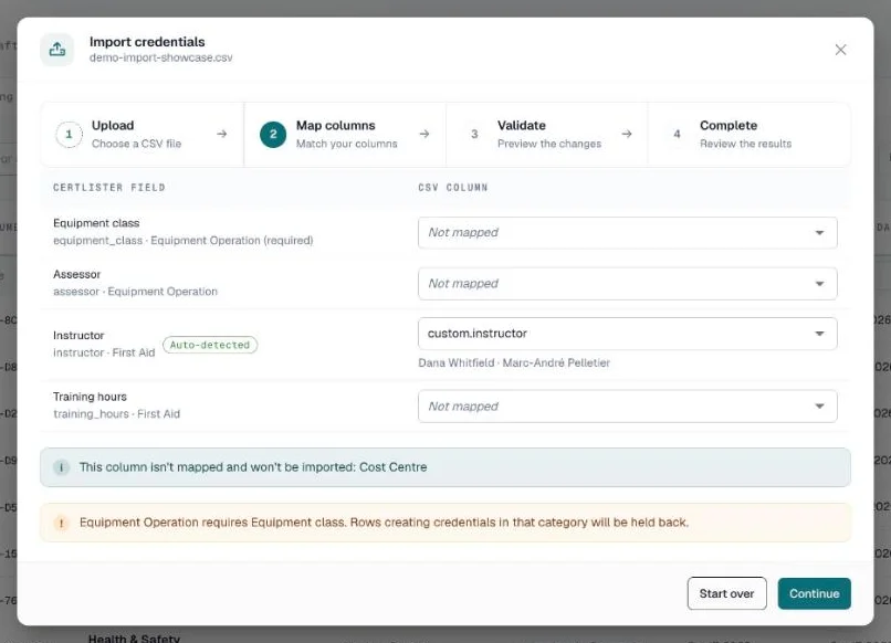 Map columns step with the Custom fields table and a column matched to custom.instructor