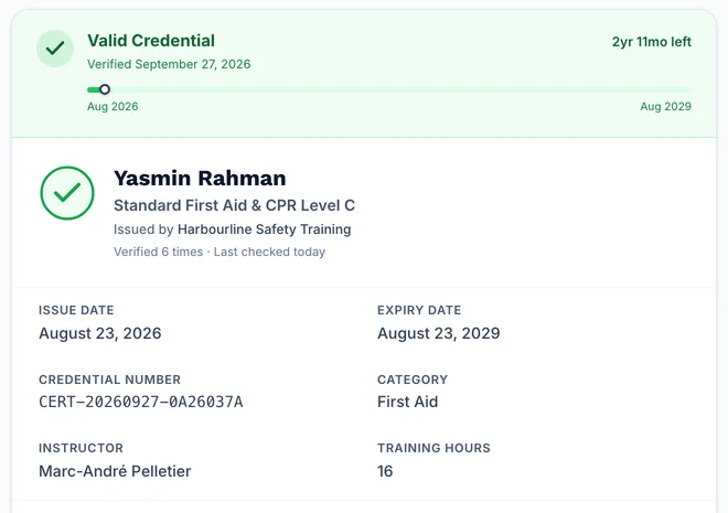 Verify page result card showing Instructor and Training hours next to the issue and expiry dates