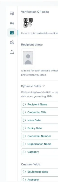 Attributes panel with the Verification QR code, Recipient photo, Dynamic fields and Custom fields