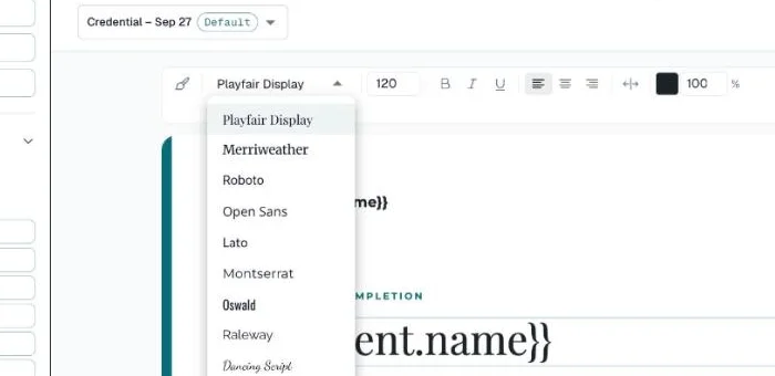Font list open in the formatting toolbar