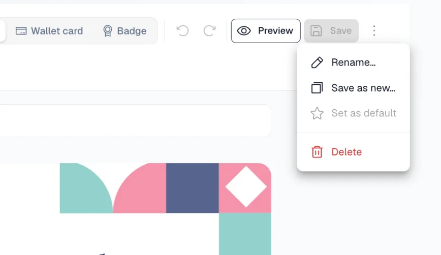 Design menu with Rename, Save as new, Set as default and Delete