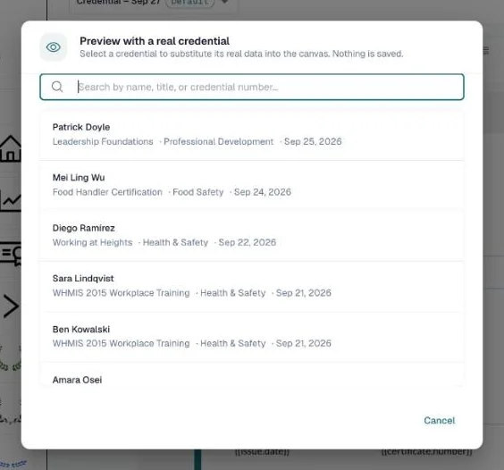 Preview with a real credential dialog with a search box and a list of credentials