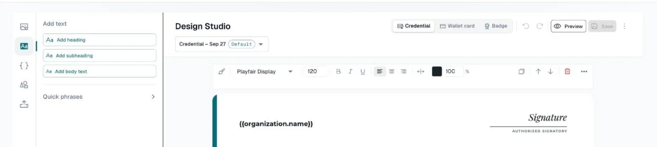 Text panel with Add heading, Add subheading and Add body text, and the formatting toolbar above the canvas