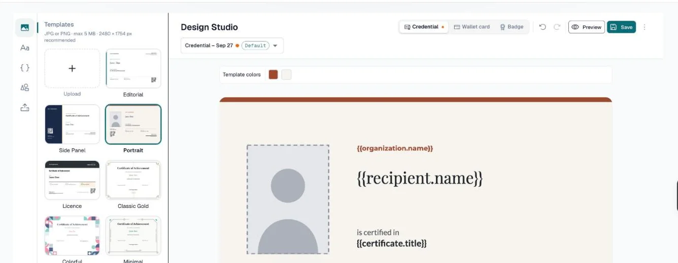 Portrait design with an orange unsaved-changes dot next to its name and the Save button active