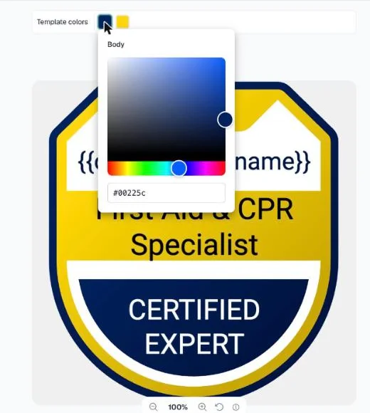 Template colors swatch open with a colour picker over the badge
