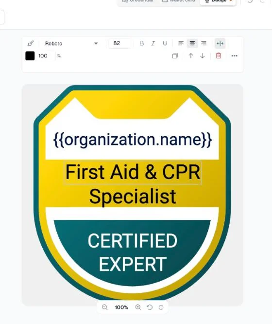 Badge text selected with the formatting toolbar above the canvas