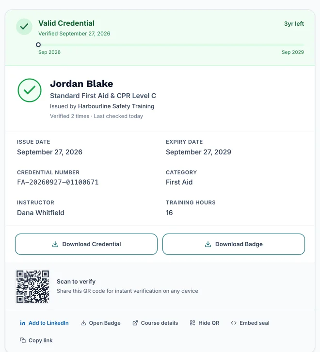 Verify page result card with Download Credential and Download Badge buttons