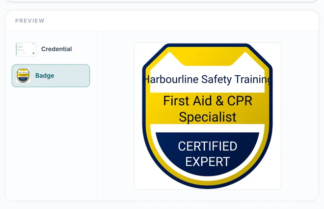 Preview panel on the verify page with the Badge tile selected and the badge image shown