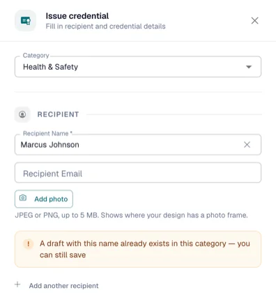 Drawer showing the duplicate-draft hint under the recipient fields