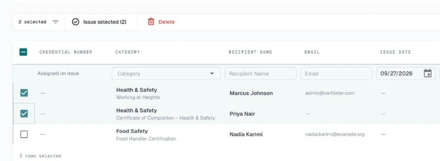 Two drafts selected with the Issue selected button in the bulk bar