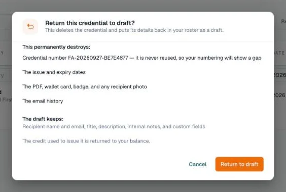 Return this credential to draft dialog listing what is destroyed and what the draft keeps