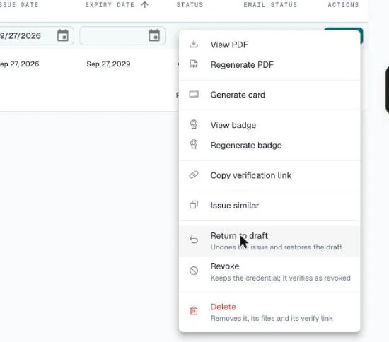 Credential row menu with Return to draft, Revoke and Delete at the bottom