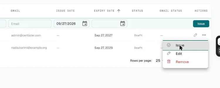 Draft rows with the row menu open showing Issue, Edit and Remove