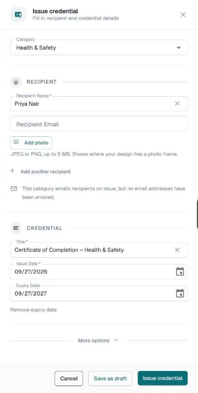 Issue credential drawer filled in, with the Save as draft button in the footer