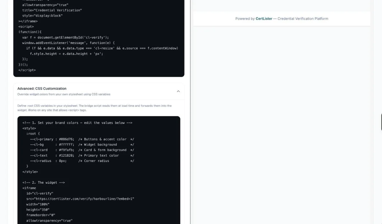 Advanced: CSS Customization section with the style block of CSS variables