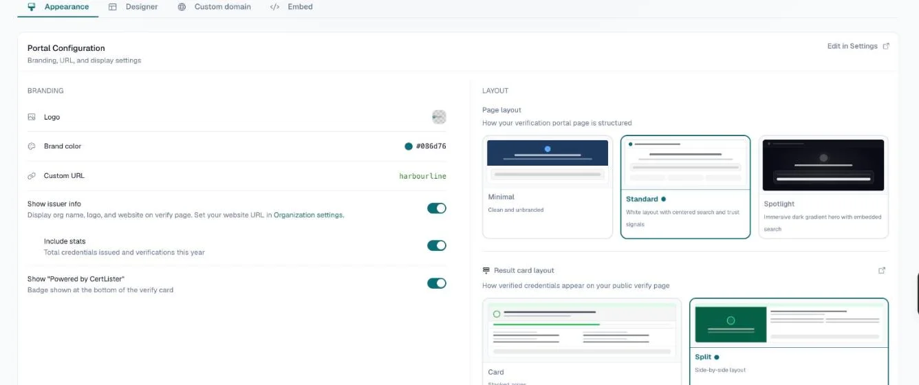 Verification Page, Appearance with the Branding settings on the left and the page and result card layouts on the right