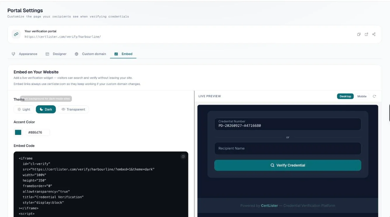 Embed tab with the Dark theme selected, the embed code, and a dark live preview
