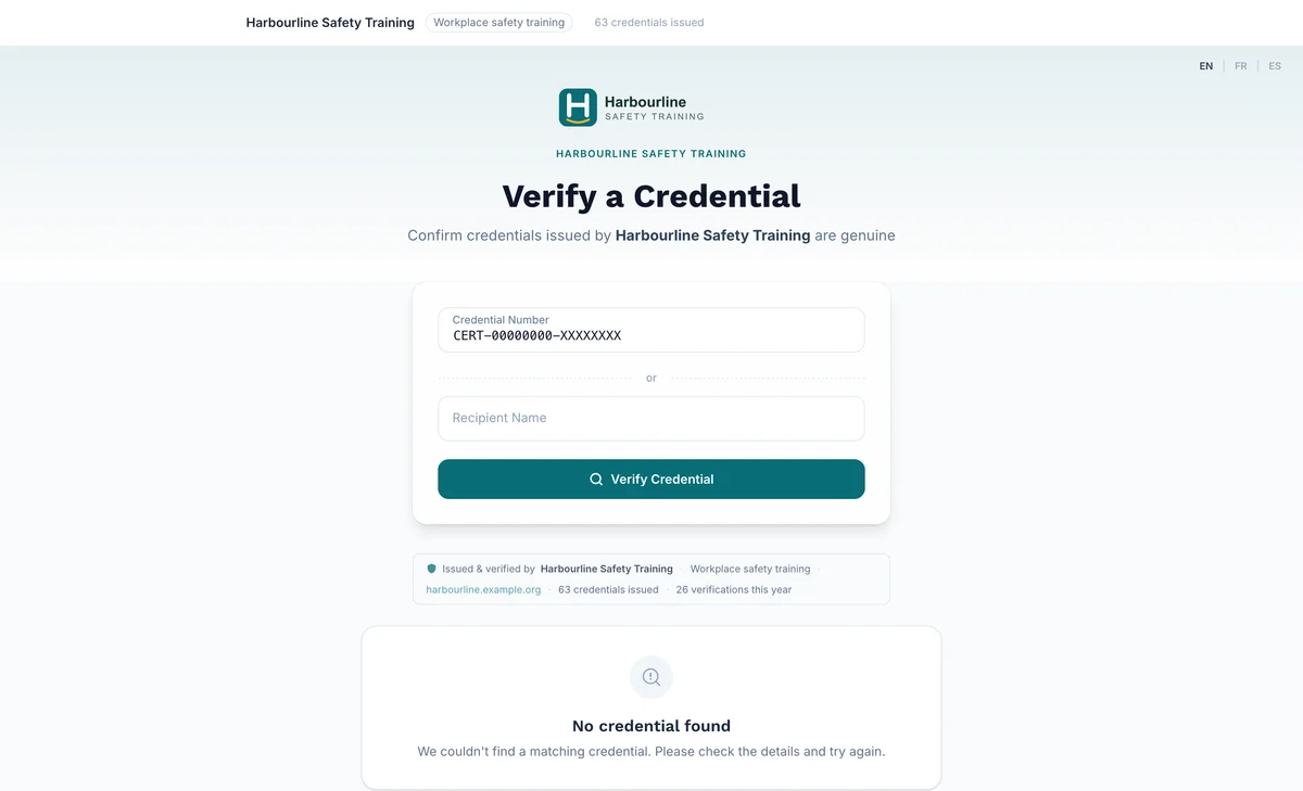 Verify page showing No credential found under the search card