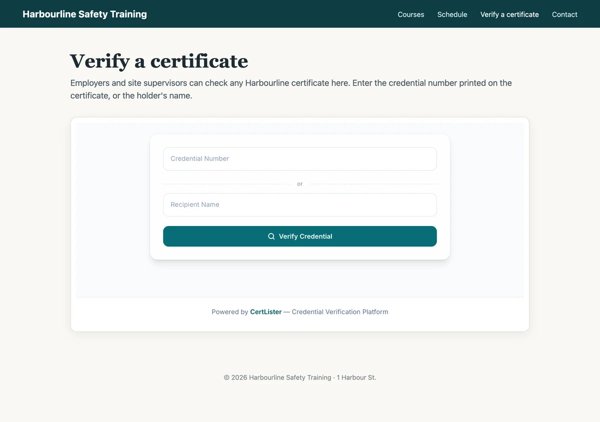 Verification widget embedded on a training provider's Verify a certificate page