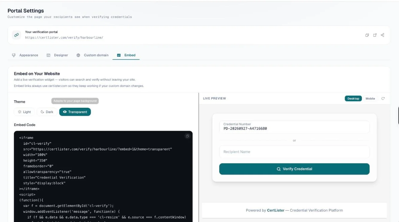 Embed tab with the Transparent theme selected and its live preview