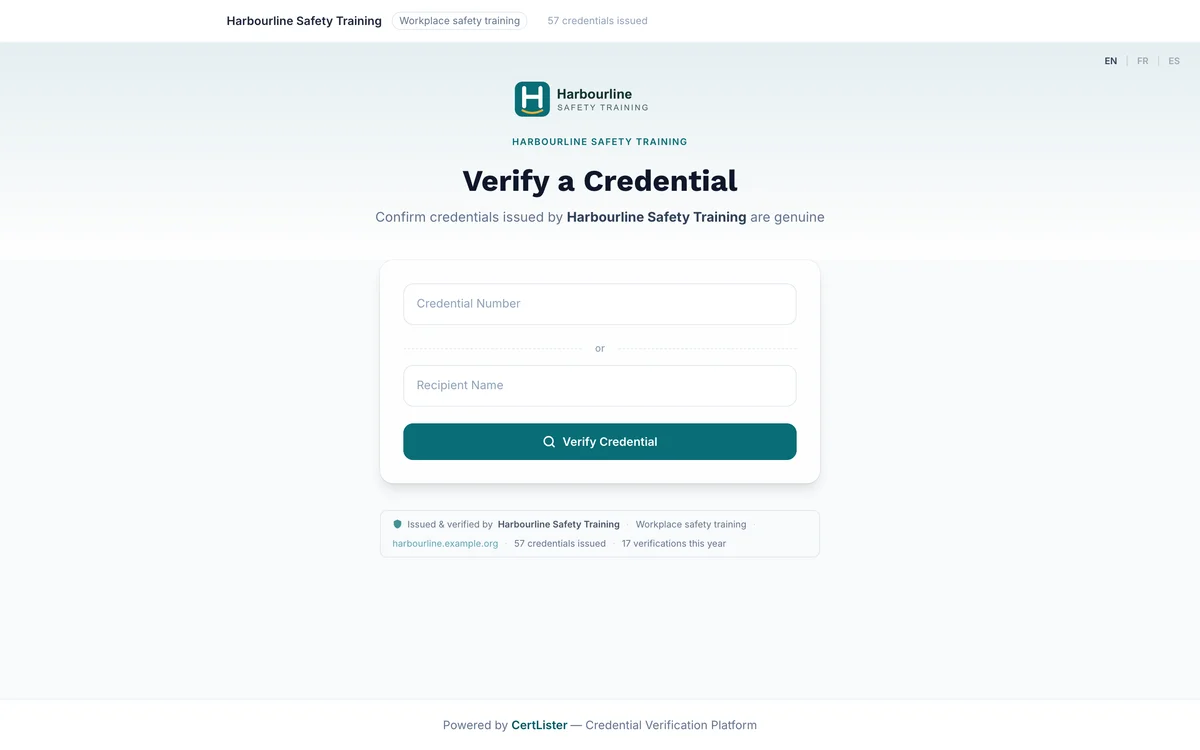 Verify a Credential page in the Standard layout with the credential number and recipient name search