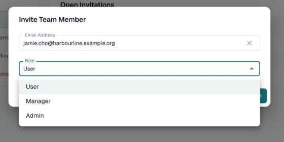 Invite Team Member dialog with an email address and the Role list open: User, Manager, Admin