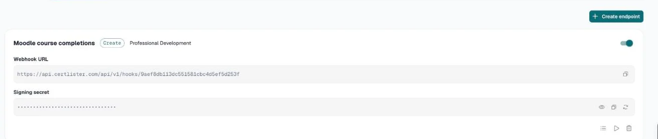 Webhook endpoint card with the webhook URL, signing secret and delivery counts