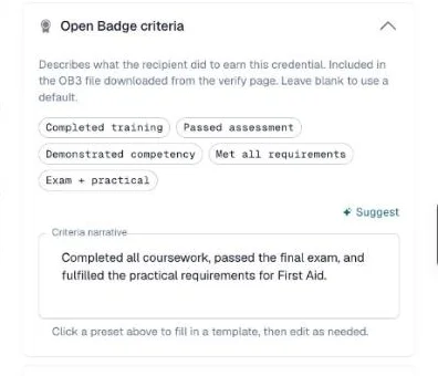 Open Badge criteria section with preset buttons and a criteria narrative