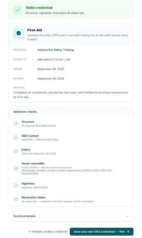 Validator result showing Valid credential and each check passed: structure, OB3 context, expiry, issuer, signature, revocation status