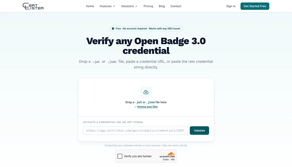 CertLister OB3 validator with a drop area for a .jwt or .json file and a field to paste a URL or JWT