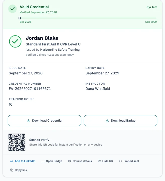 Verify page result card with the Open Badge link in its footer, next to Add to LinkedIn