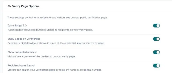 Verify Page Options with the Open Badge 3.0 switch turned on