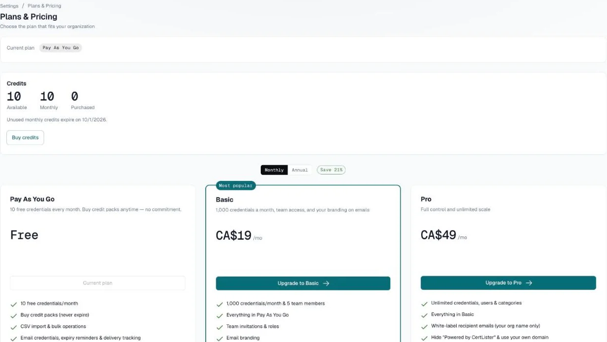Plans & Pricing page with the current plan, the credit balance, the Monthly and Annual switch, and the three plans