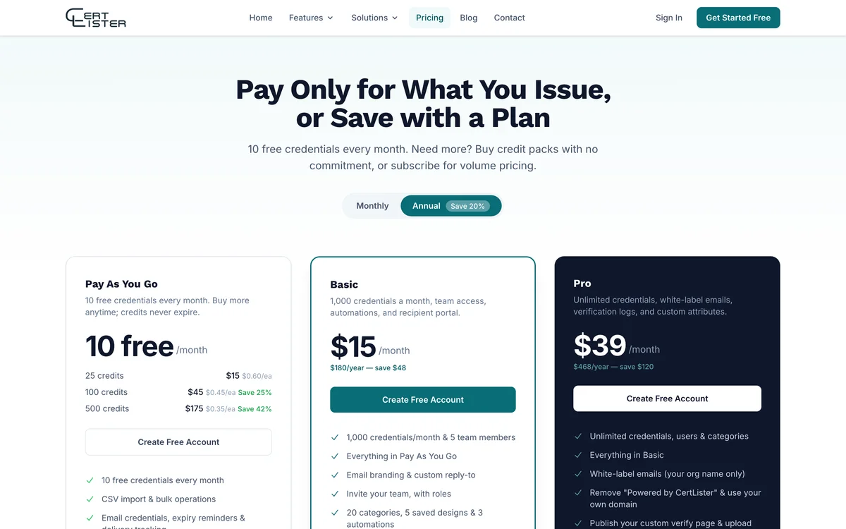 Pricing page with the Pay As You Go, Basic and Pro plans