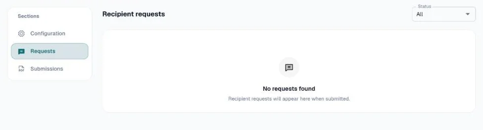 Requests tab of the Recipient Portal page, with a status filter and no requests yet