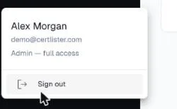 User menu with the name, email address, role, and Sign out